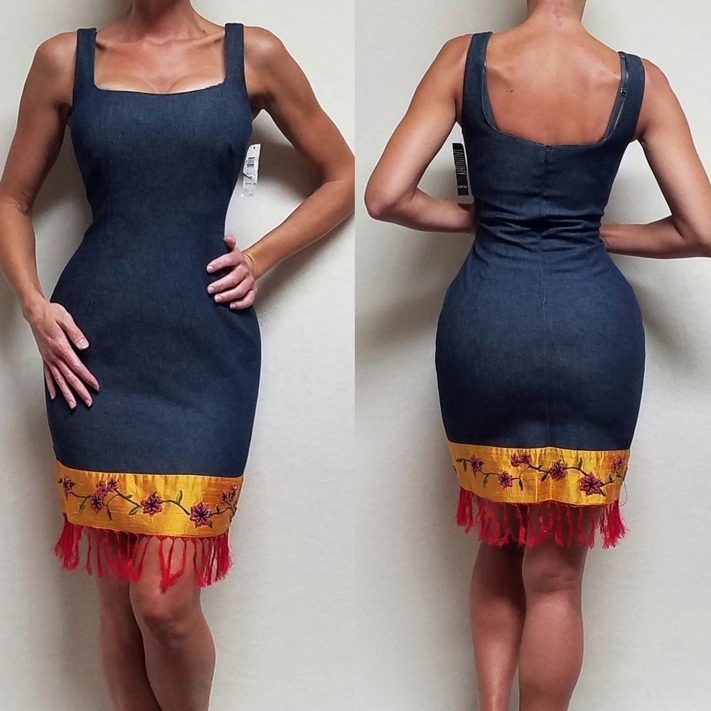 Deadstock Vintage 90s Laundry Silk Beaded Stretchy Denim Dress Silk Column Dress